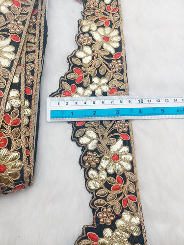 Art Silk Fabric Trim, Floral Embroidery Gold Gota Patti Indian Sari Border Trim By Yard Decorative Trim, Embroidered Indian Foil Work